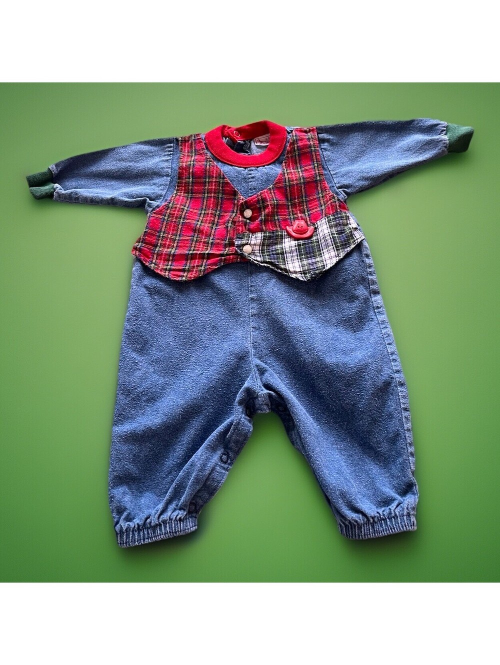 Vintage Buster Brown Plaid And Denim Romper 6–9 Months